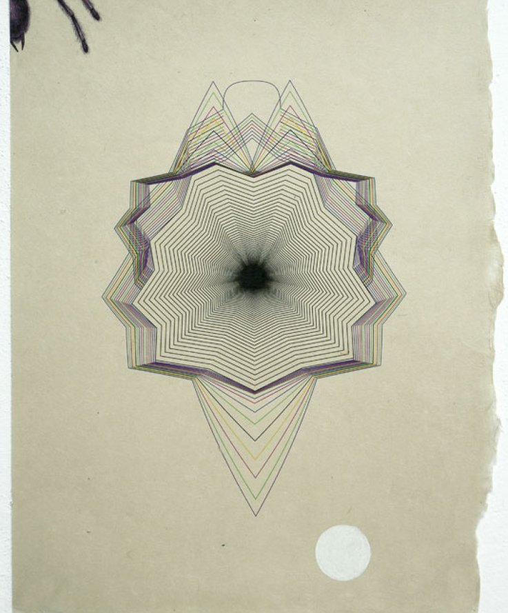 Tarantula, 2011, <br />
Print and coloured pencils on handmade paper, 31x43 cm