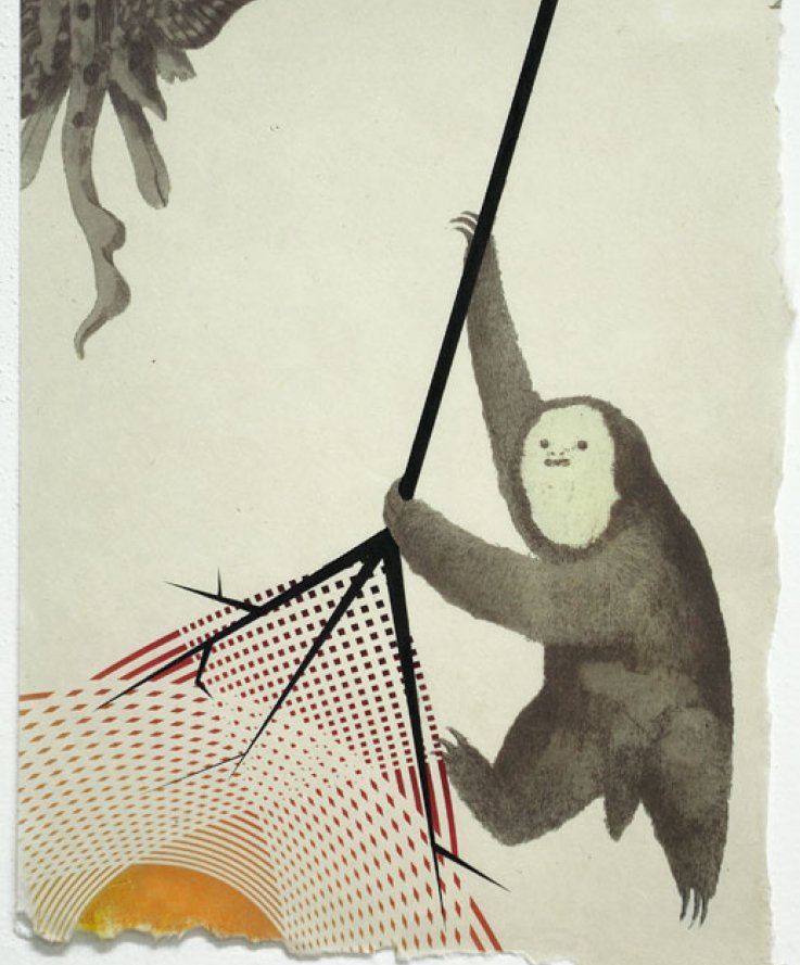 Sloth, 2011, <br />
Print and coloured pencils on handmade paper, 29x35 cm