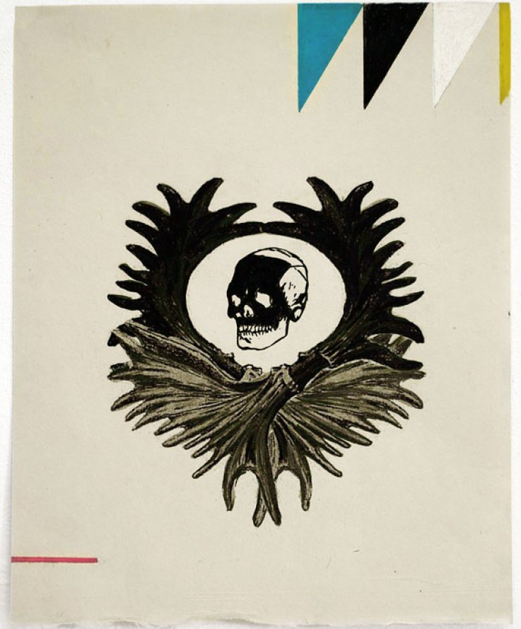 Skull, 2011, <br />
Print and coloured pencils on handmade paper,<br />
30x38 cm